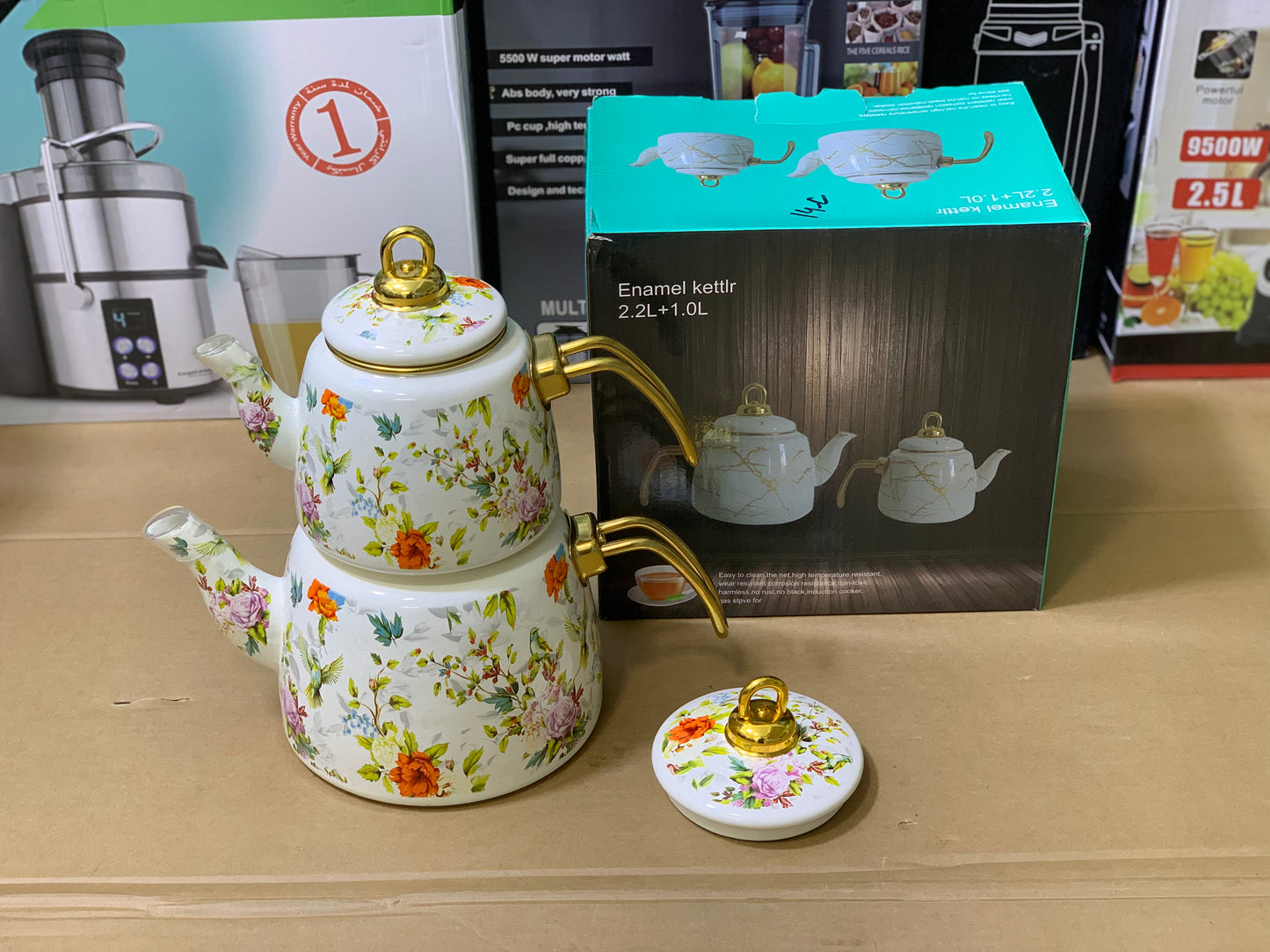Enamel Coating Tea Kettle 2 Pieces Stainless Steel handles