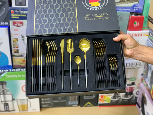 Black and Golden Design 24 Pieces Cutlery Set |stainless Steel